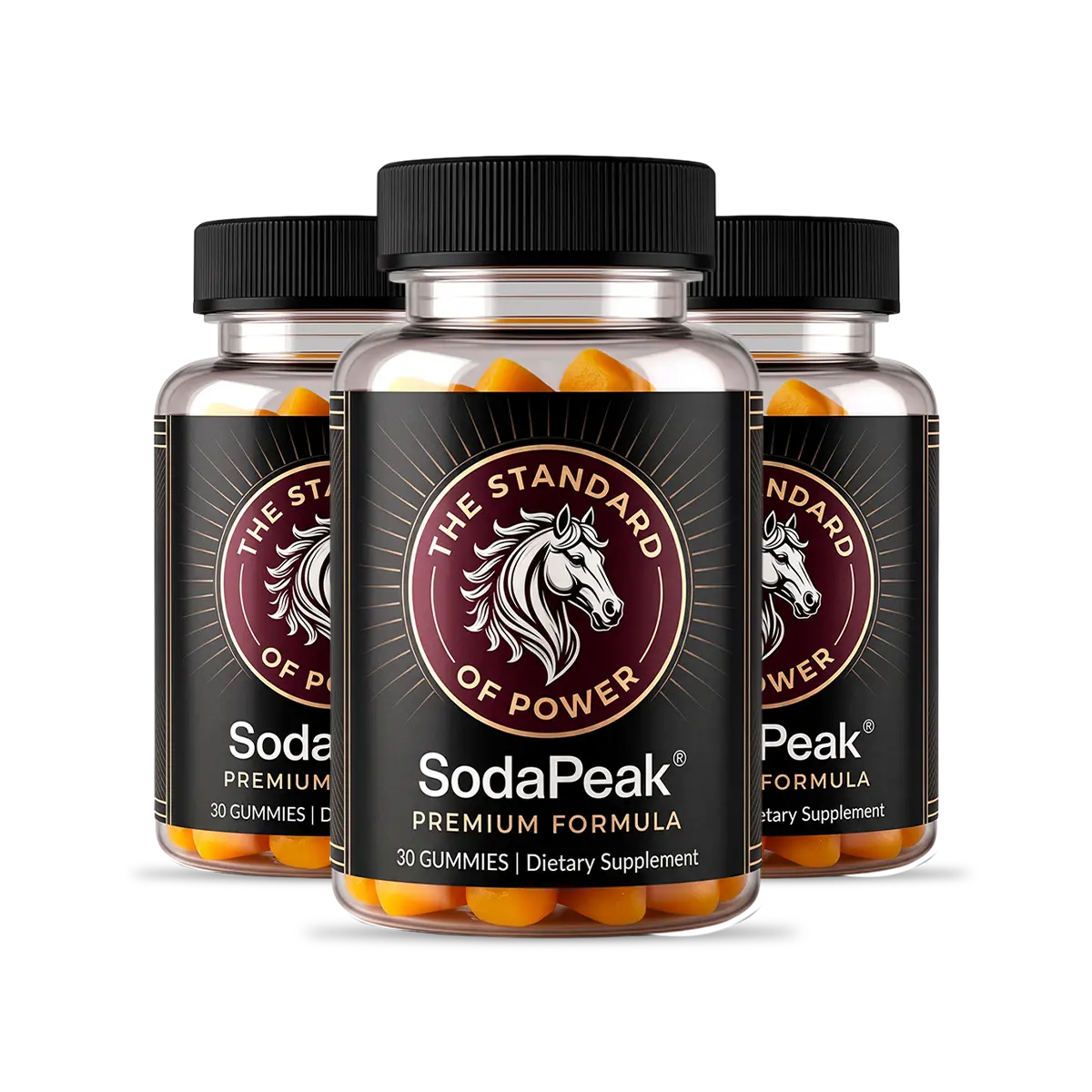 Three bottles of SodaPeak Premium Formula gummies for men's energy and vitality support