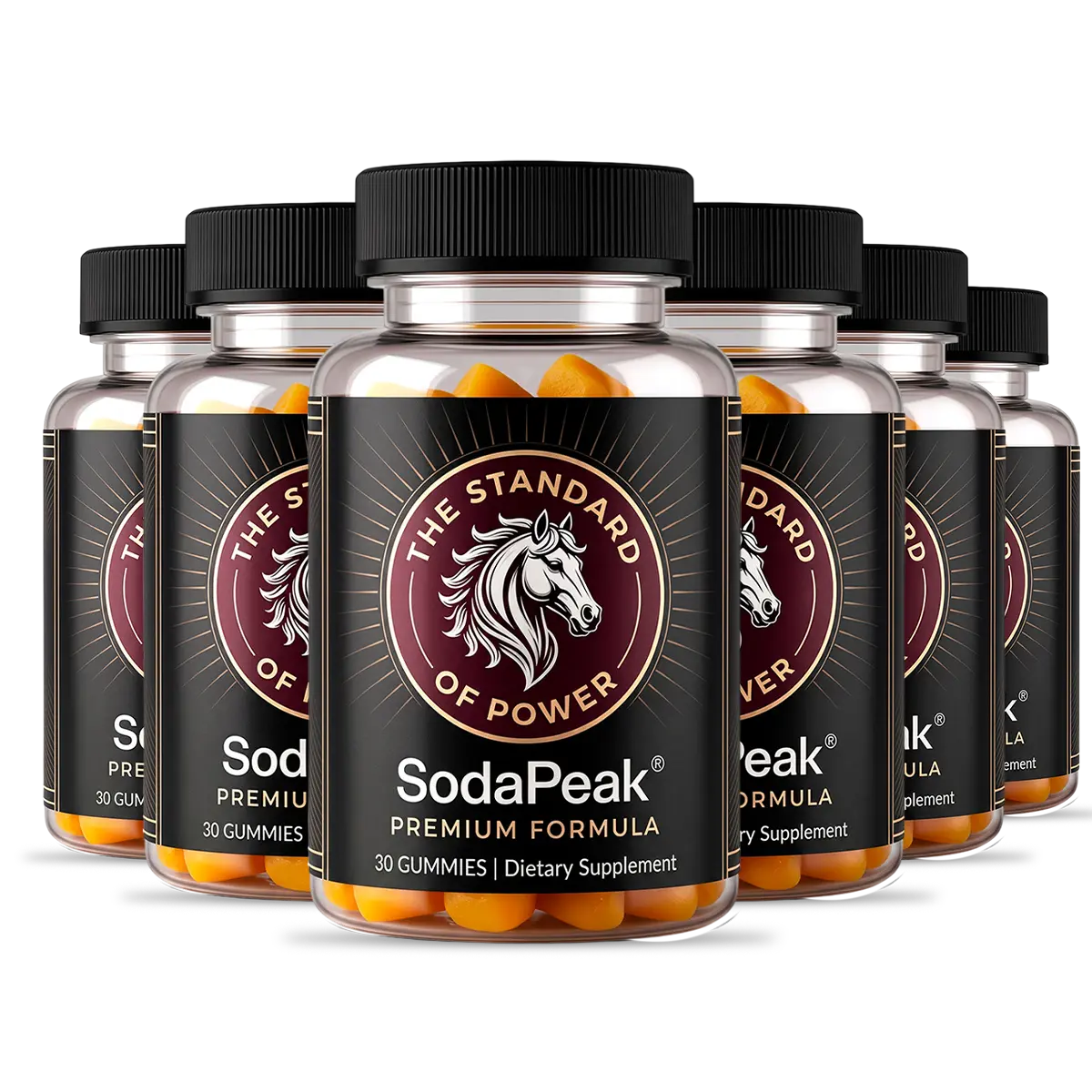 Six bottles of SodaPeak Premium Formula gummies, a 180 day supply