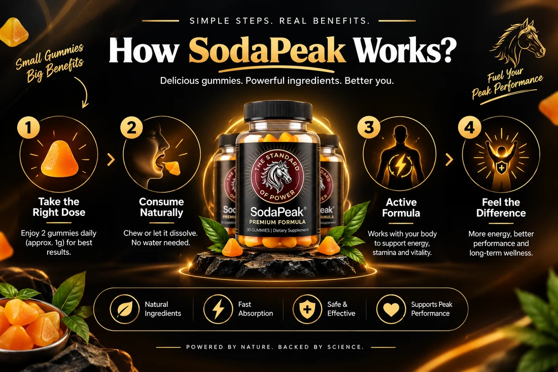 Infographic showing how SodaPeak gummies work in four simple steps: dose, consume, active formula, and feel the difference